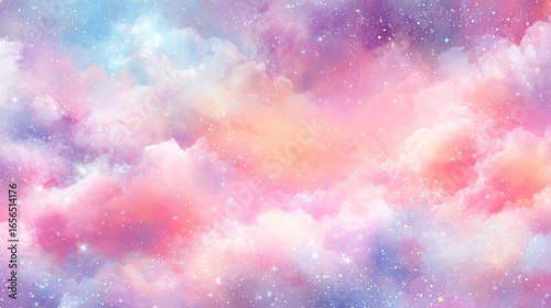 A dreamlike cosmos with pastel pinks, purples, and blues, featuring wispy cirrus clouds, distant stars,