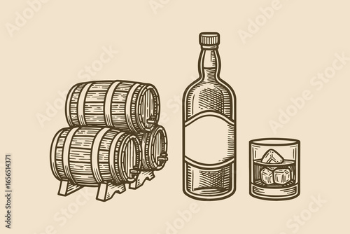 Whiskey bottle barrels and glass engraving style vector illustration