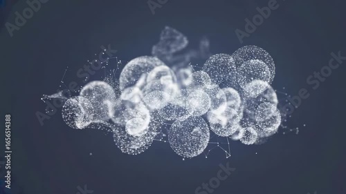 Futuristic abstract animation of glowing digital particles autonomously forming organic-like spheres. Represents AI, big data, neural networks, cellular growth, or information processing.
