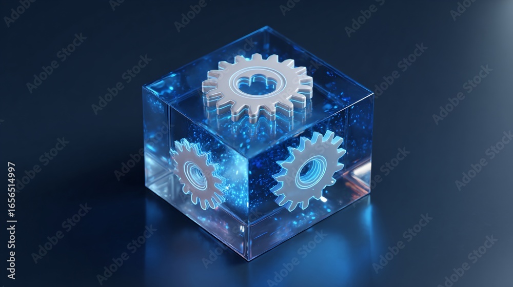 Obraz premium Gears encased in a transparent cube with blue light effects, set on a dark surface