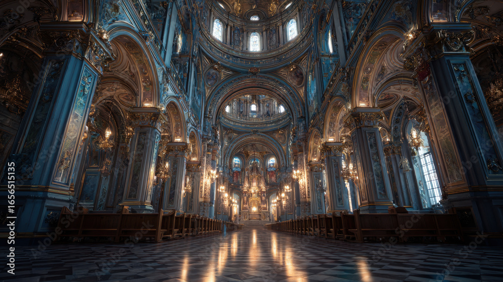 Naklejka premium Architectural Grandeur: Inside a grand, historic cathedral, the soaring arches, intricate details, and ambient light, creating a sense of serenity and reverence.