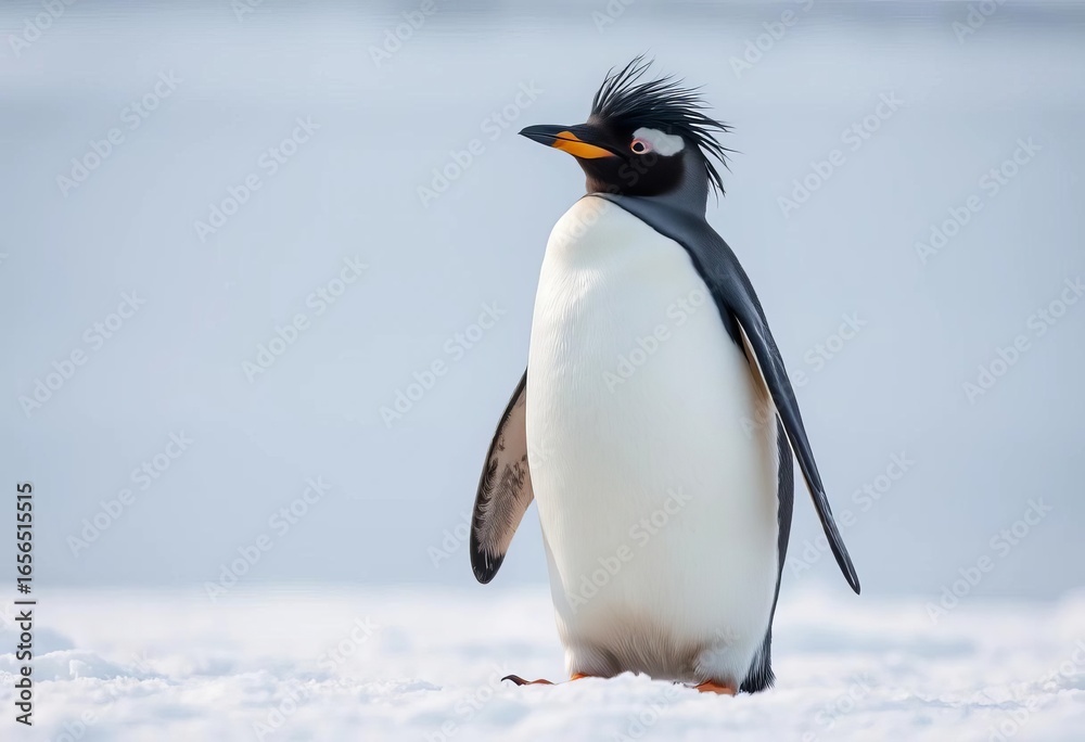 Fototapeta premium A Gentoo penguin stands on Antarctic ice, windswept feathers ruffled, king penguin, travel