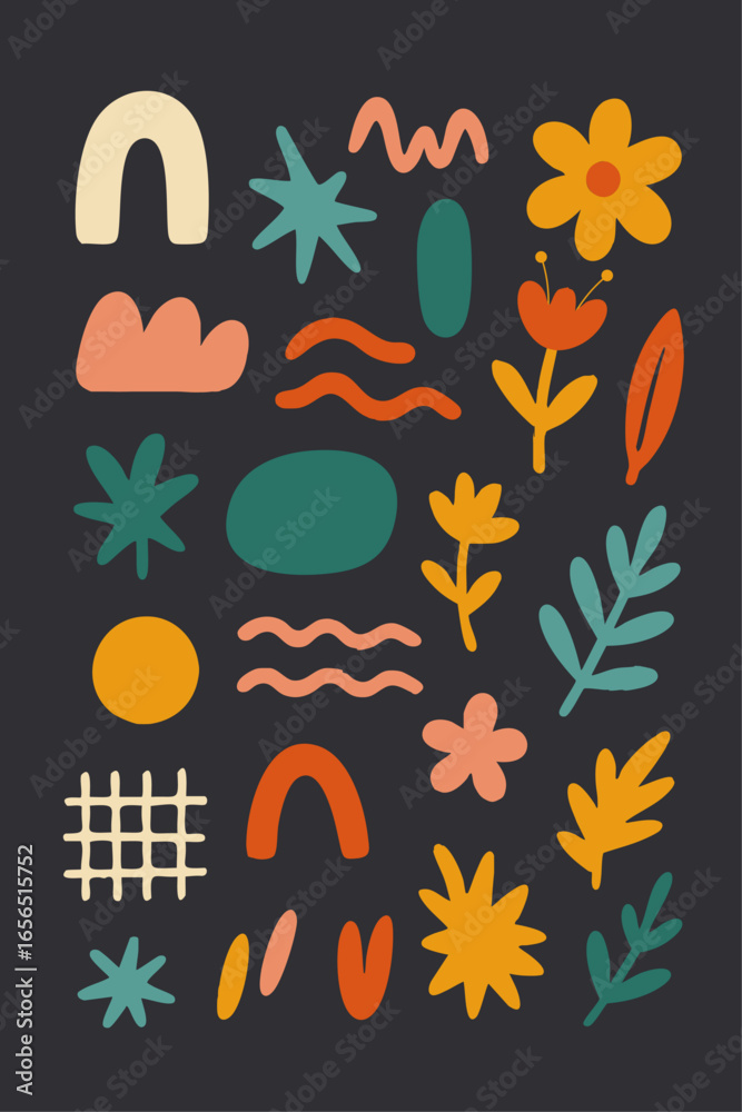 Fototapeta premium Abstract Organic & Floral Shapes – Hand Drawn Vector Pack on Dark Background