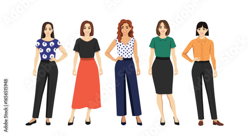 Different casual business women standing together with different hairstyles and outfits. Colorful isolated vector flat illustrations set