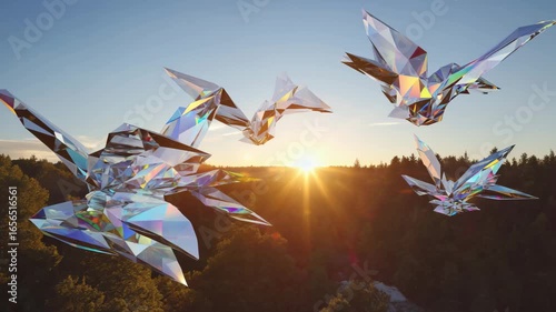A flock of geometric diamond birds with prismatic wings soaring over a forest landscape at sunrise. Surreal futuristic abstract animation of crystal creatures in magical flight.
