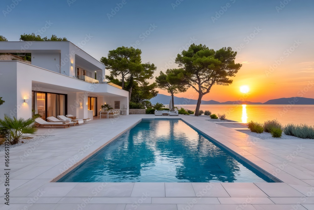 Fototapeta premium Luxury villa with infinity pool overlooking tranquil ocean at sunset