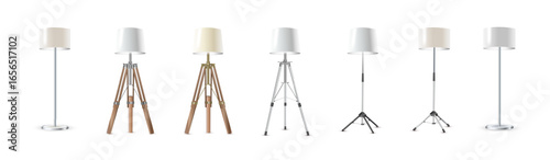 Lamp Set Closeup Isolated on White Background. Floor Lamps. Electric Torcher for Interior Design, Energy Furniture. Vector