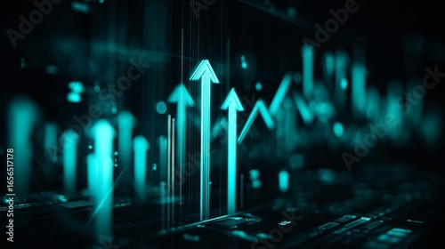 A futuristic teal digital graphic with stylized bar charts and upward arrows symbolizing growth, progress,