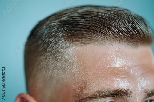 Close up view of male short haircut with fade and styled top against turquoise background, showing modern barbershop grooming and contemporary men hairstyle trends.