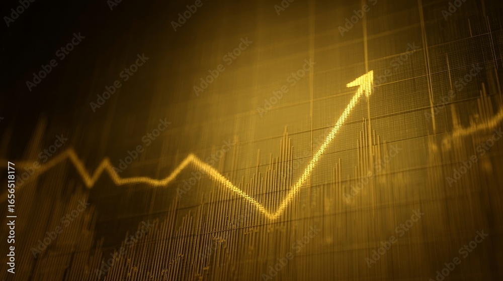 Naklejka premium A glowing golden upward arrow on a financial market chart with overlapping grid lines,