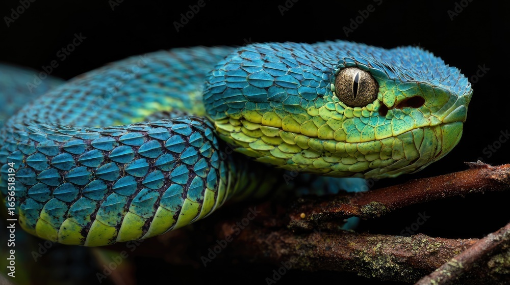 Fototapeta premium Venomous snake, vibrant colors, forest branch, detailed close-up, nature photography