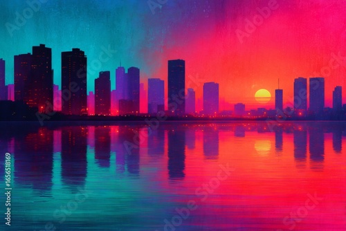 Wallpaper Mural Vibrant sunset reflecting on water with city skyline Torontodigital.ca