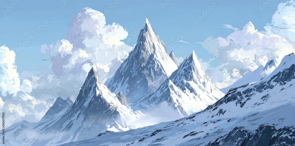 Obraz premium Snowy mountain peaks rise against a vibrant sky filled with fluffy clouds