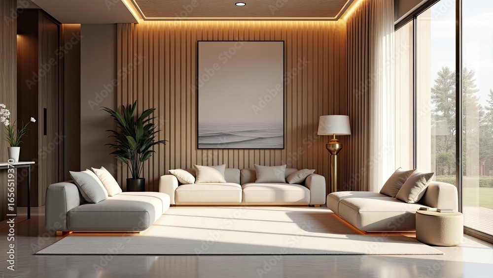 Fototapeta premium Modern living room with sectional sofa and wooden wall paneling.
