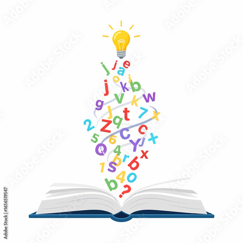Flat vector open book with colorful letters forming light bulb idea