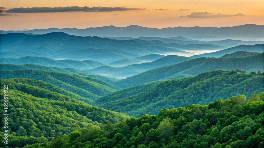 Obraz premium Layered mountain range covered with dense forest under a cloudy sky