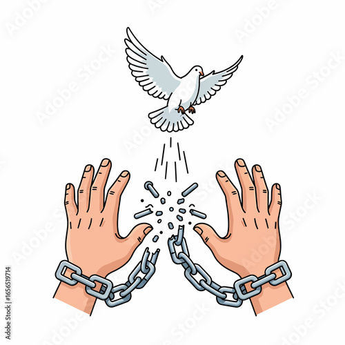 Flat vector hands breaking chains freedom dove flying