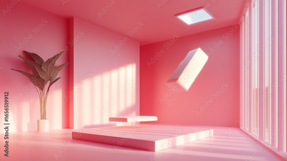 Fototapeta premium Pink room with floating cube and plants. Sunlight streams through large windows