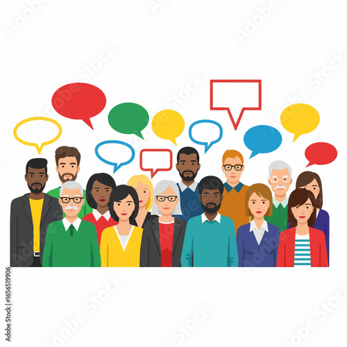 Group diverse people communicating with speech bubbles