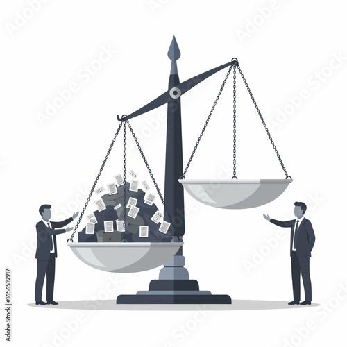 Flat vector illustration of legal scales with papers and people