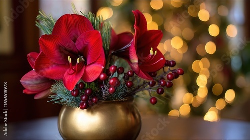 Elegant Christmas ikebana arrangement with red amaryllis, holly, pine, festive holiday floral design golden vase, glowing lights background creating seasonal atmosphere, decoration, celebration theme