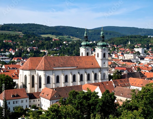 Panoramic view of a European town with a prominent church