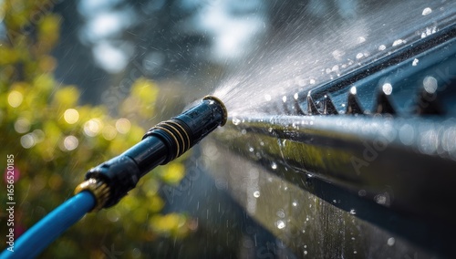 Water hose cleaning a gutter