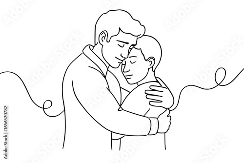 Man embracing and hugging a boy in a loving, caring outline illustration
