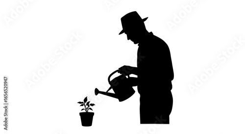 Silhouette of man watering plant with watering can gardening and plant care vector illustration design -