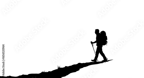 Silhouette of hiker with backpack and trekking poles climbing mountain outdoor adventure travel exploration -