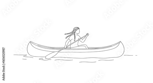 Line art of native american woman canoeing on water with paddle for coloring page and educational resource -