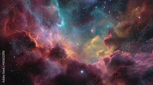 Colorful nebulae, vibrant cosmic clouds, scattered stars