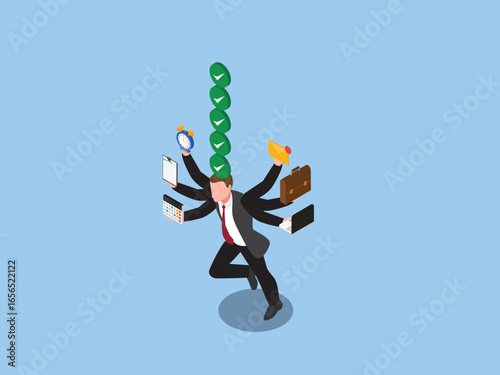 multitasking businessman with many hands doing different tasks at once 3d isometric vector illustration