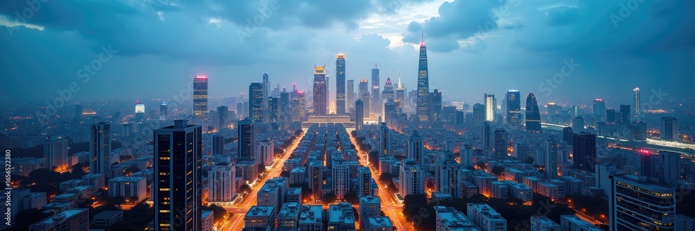 Obraz premium A panoramic cityscape view at twilight.