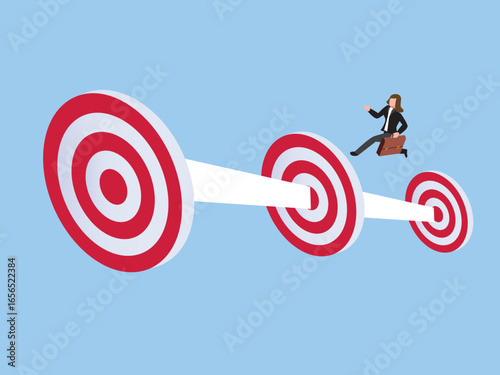 businesswoman trying to reach and jump to a big target. 3d isometric vector illustration