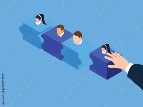 hand placing a puzzle piece with a person's head on it to complete a human chain 3d isometric vector illustration