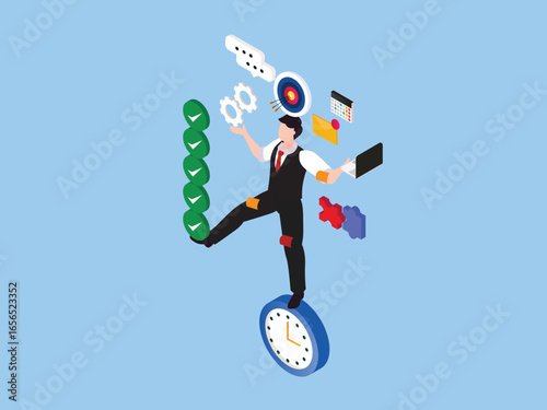 businessman balancing on a clock, multitasking and managing different business elements 3d isometric vector illustration