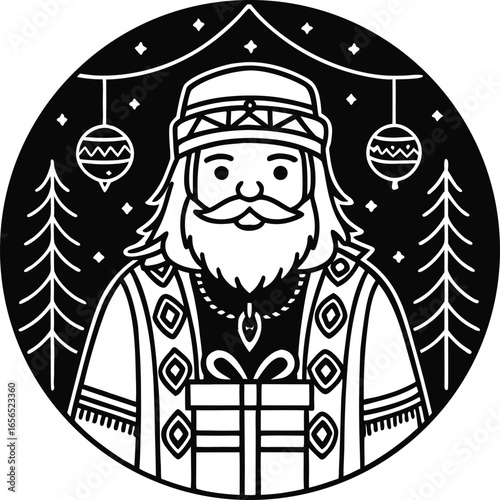 Wise Man with Christmas Gift Vector Line Art Icon