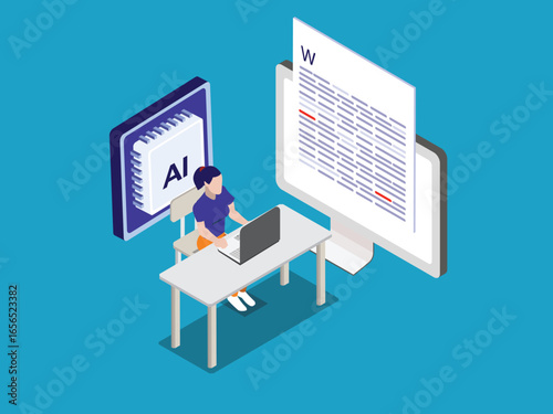 businesswoman using a laptop to create an article with the help of an AI chip 3d isometric vector illustration