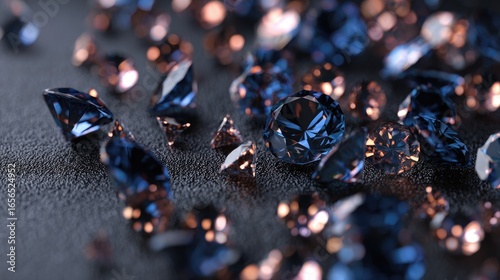 Scattered gemstones, blue and rose-toned, on dark textured surface