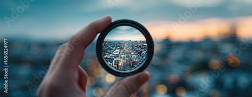 Hand holding a lens, cityscape view