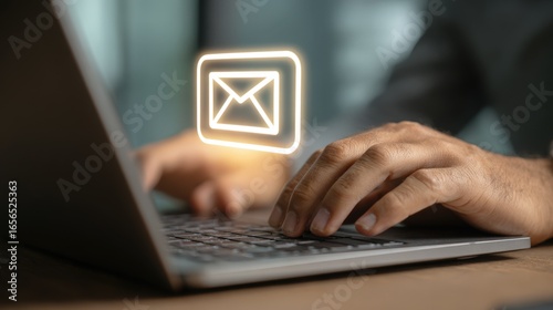 Person using laptop computer sending email online communication digital technology