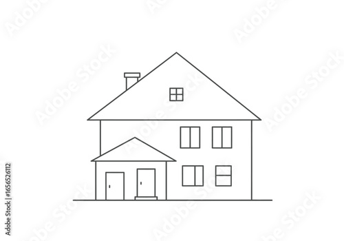 A basic line drawing of a house with a chimney gabled roof porch and windows