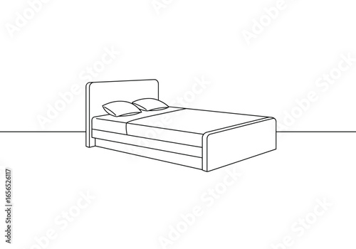 A bed with two pillows is centered in the image on a flat surface drawn in an outline style
