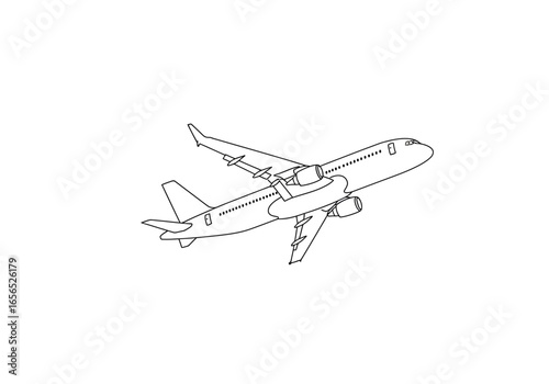 A blackandwhite line drawing depicts an airplane in flight viewed from below showcasing its wings engines and fuselage