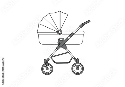 A minimalist illustration of a pram or baby carriage with a foldable hood and four wheels