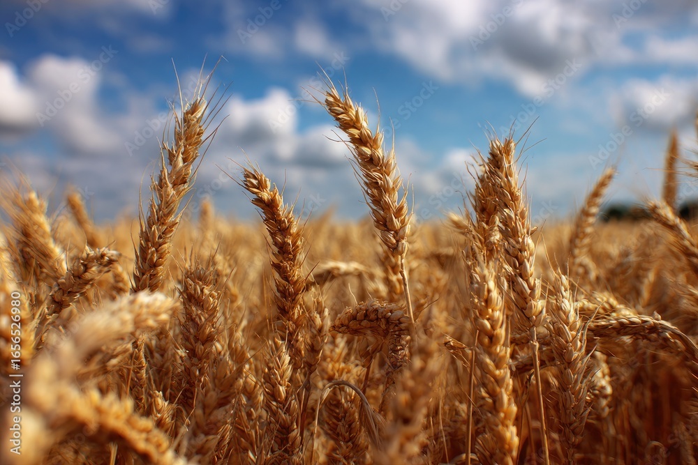 Fototapeta premium Golden wheat field under a partly cloudy sky (1)