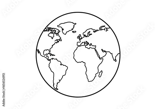 Globe illustration outlines continents encircled by a thick black line