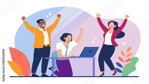 Team Celebrating Success with Raised Arms and Laptop Computer