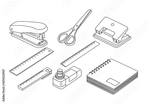 Isometric view  stapler scissors hole punch three rulers correction tape  notebook